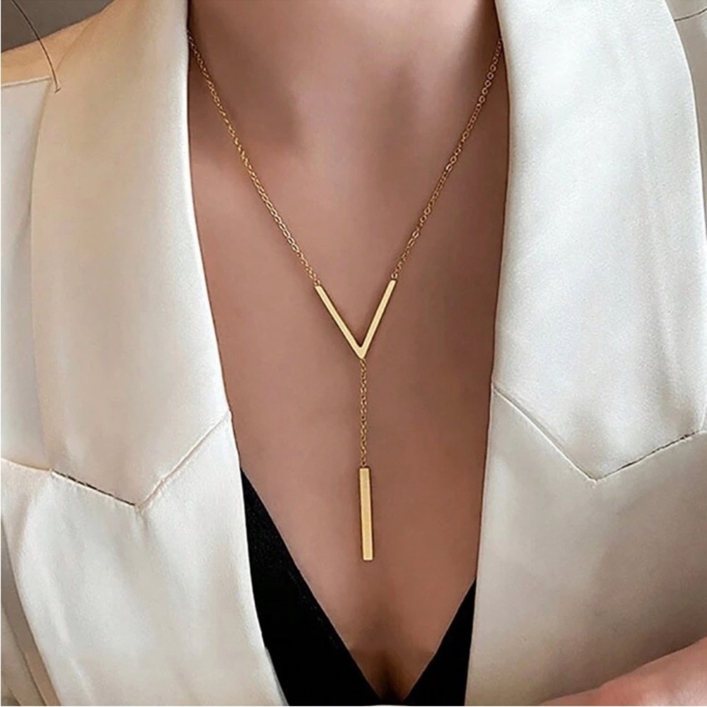 Gold Plated Stainless Steel V-Shaped Lariat Necklace